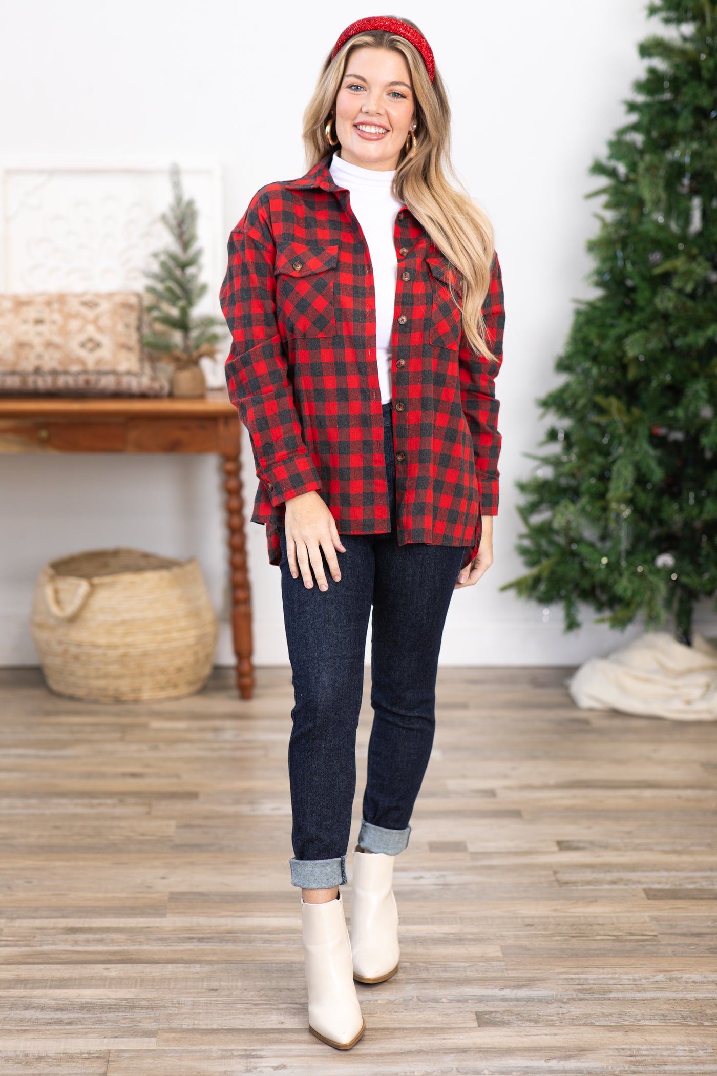 Red and Grey Buffalo Plaid Button Up Top