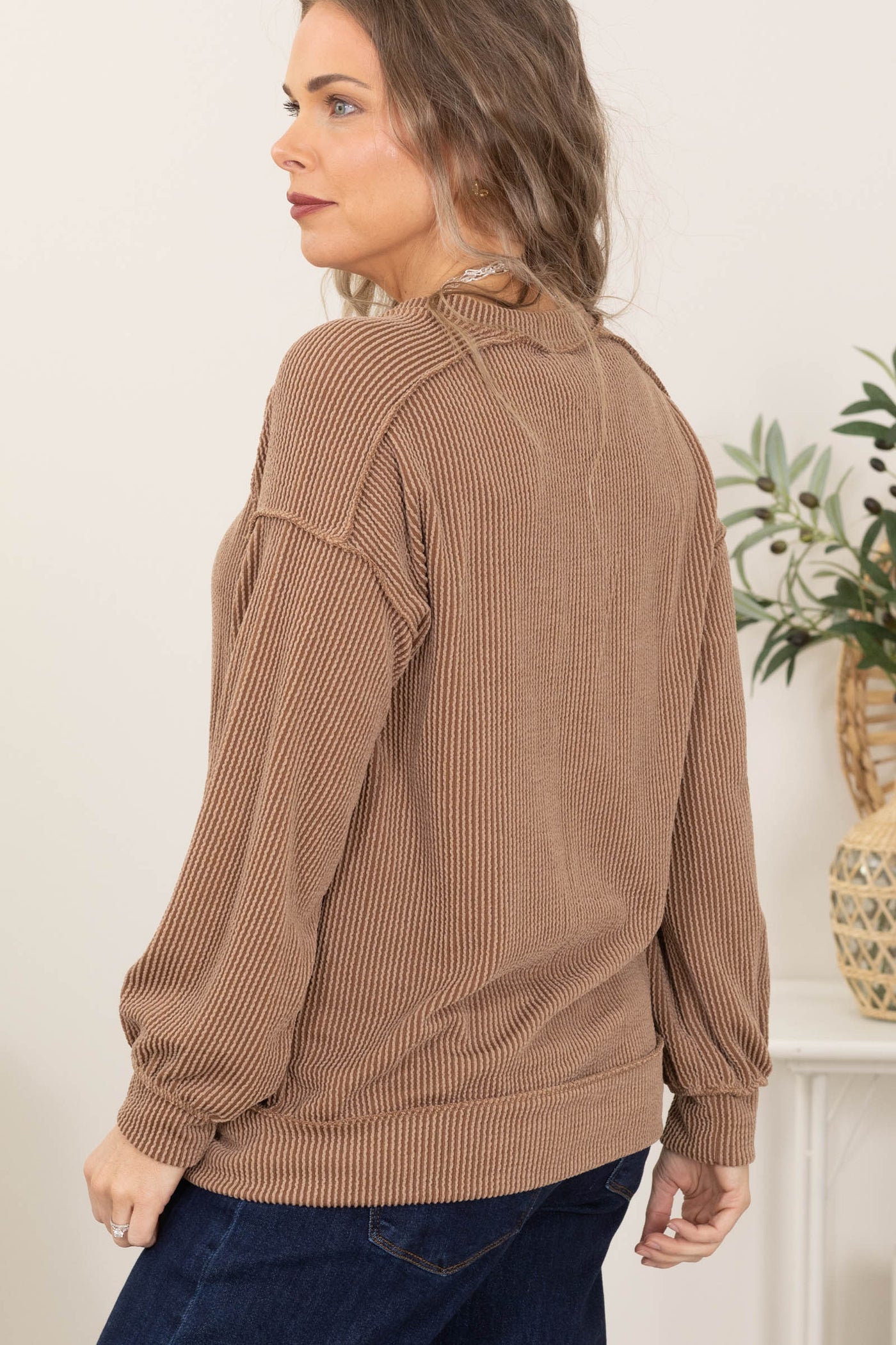 Ribbed Crew Neck Top With Kangaroo Pocket