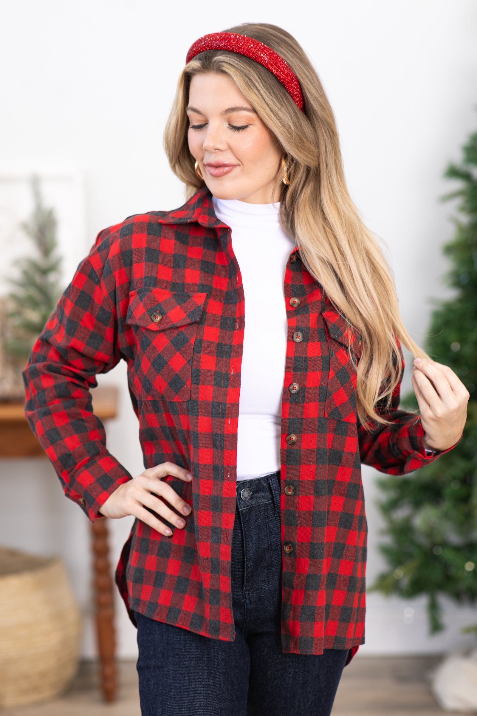 Red and Grey Buffalo Plaid Button Up Top