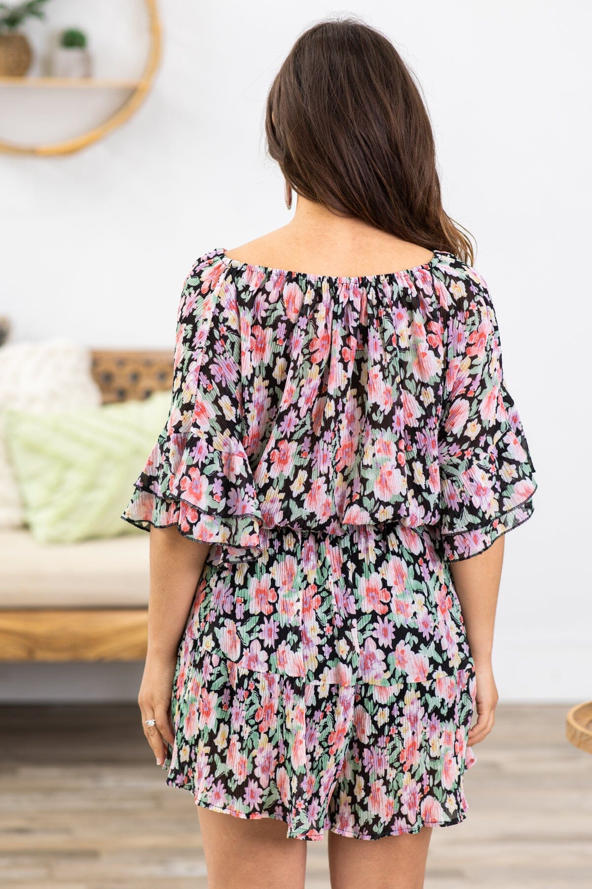 Black and Orchid Floral Short Sleeve Romper - Filly Flair
