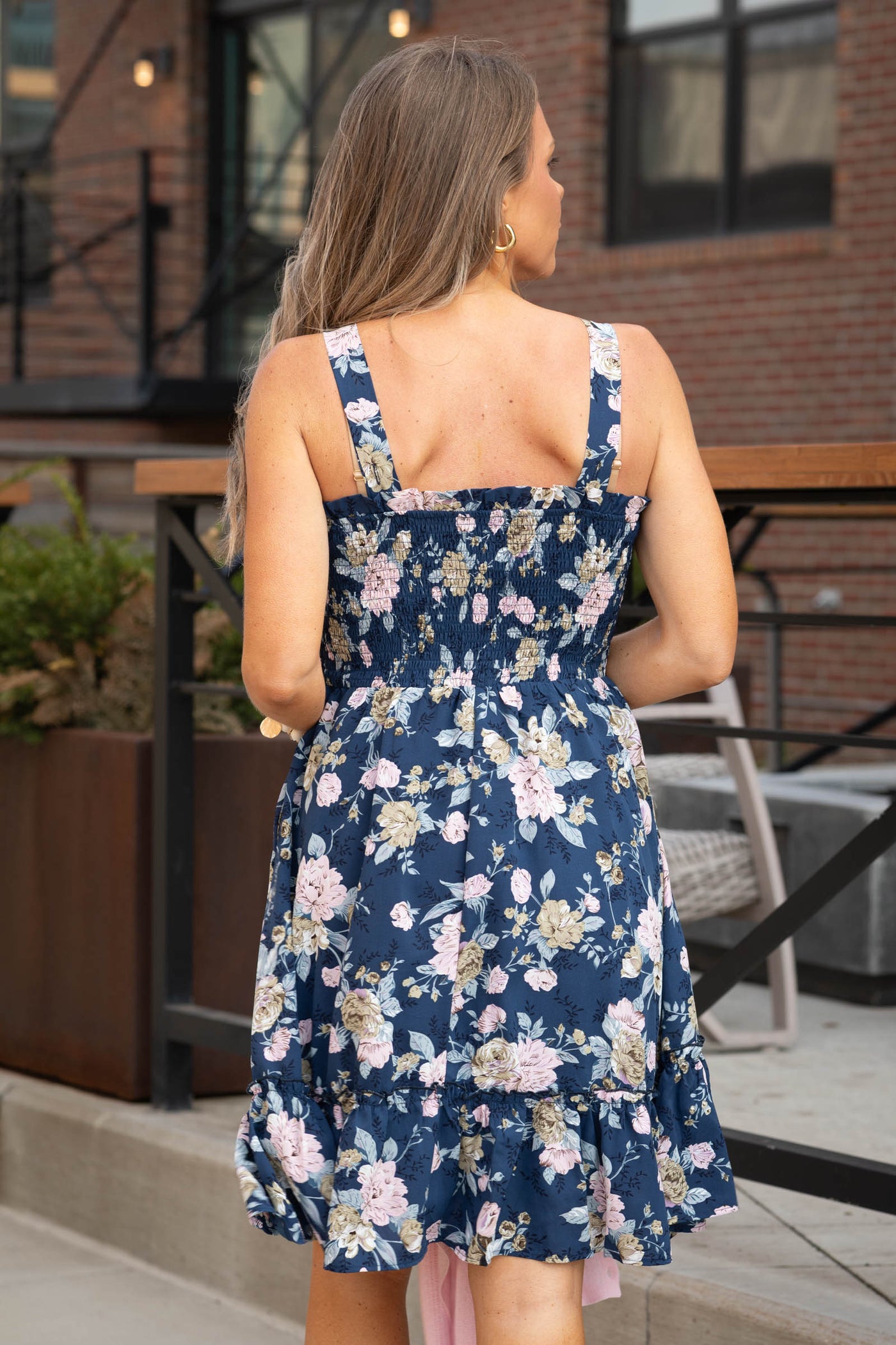Navy Floral Smocked Bodice Dress With Pockets