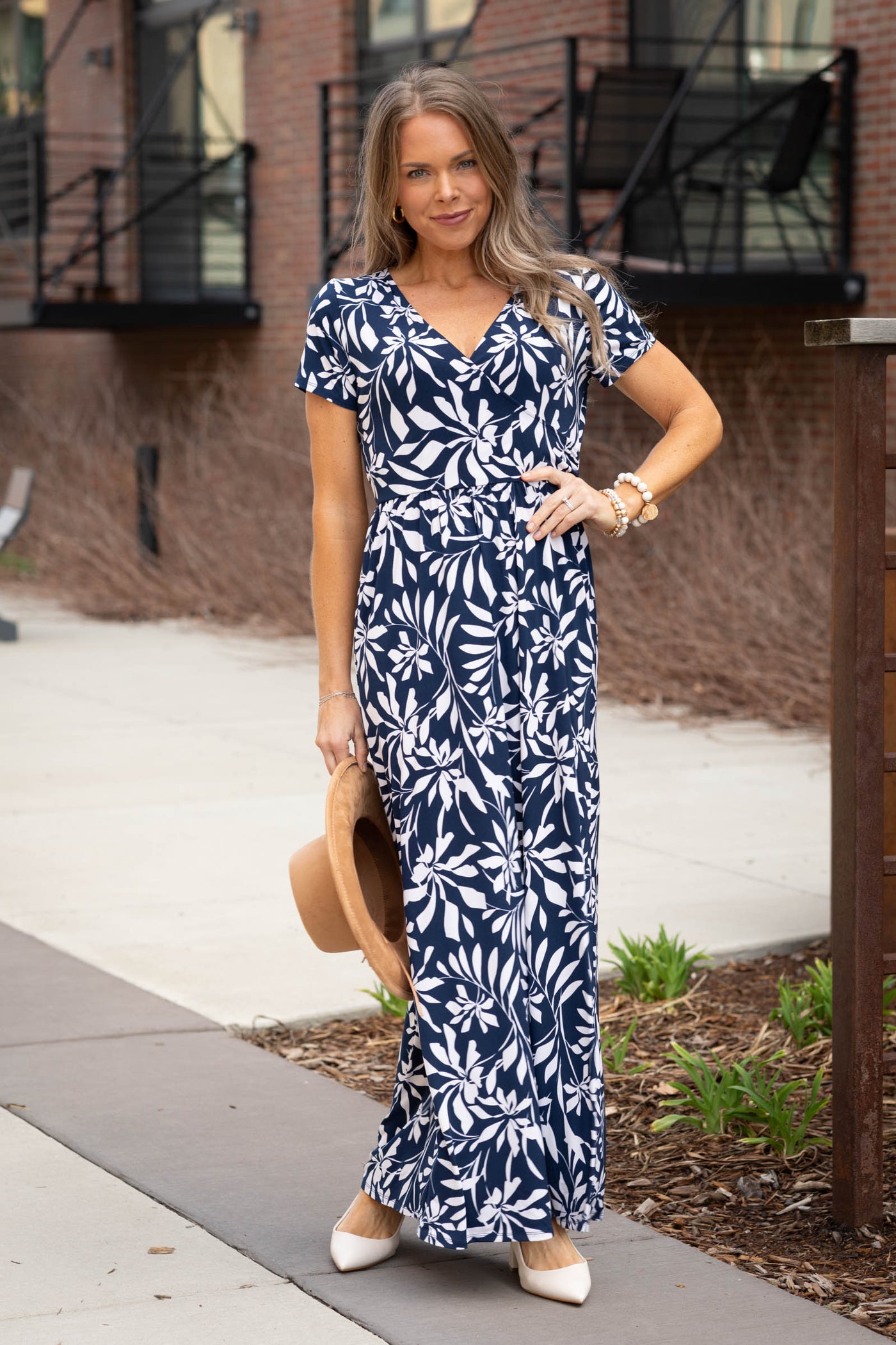Navy Surplice Short Sleeve Floral Maxi Dress