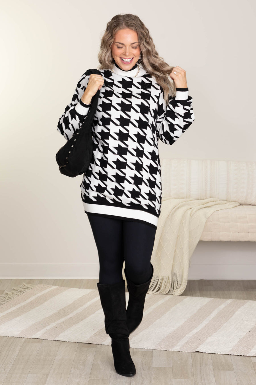 Black Mock Neck Houndstooth Sweater Dress