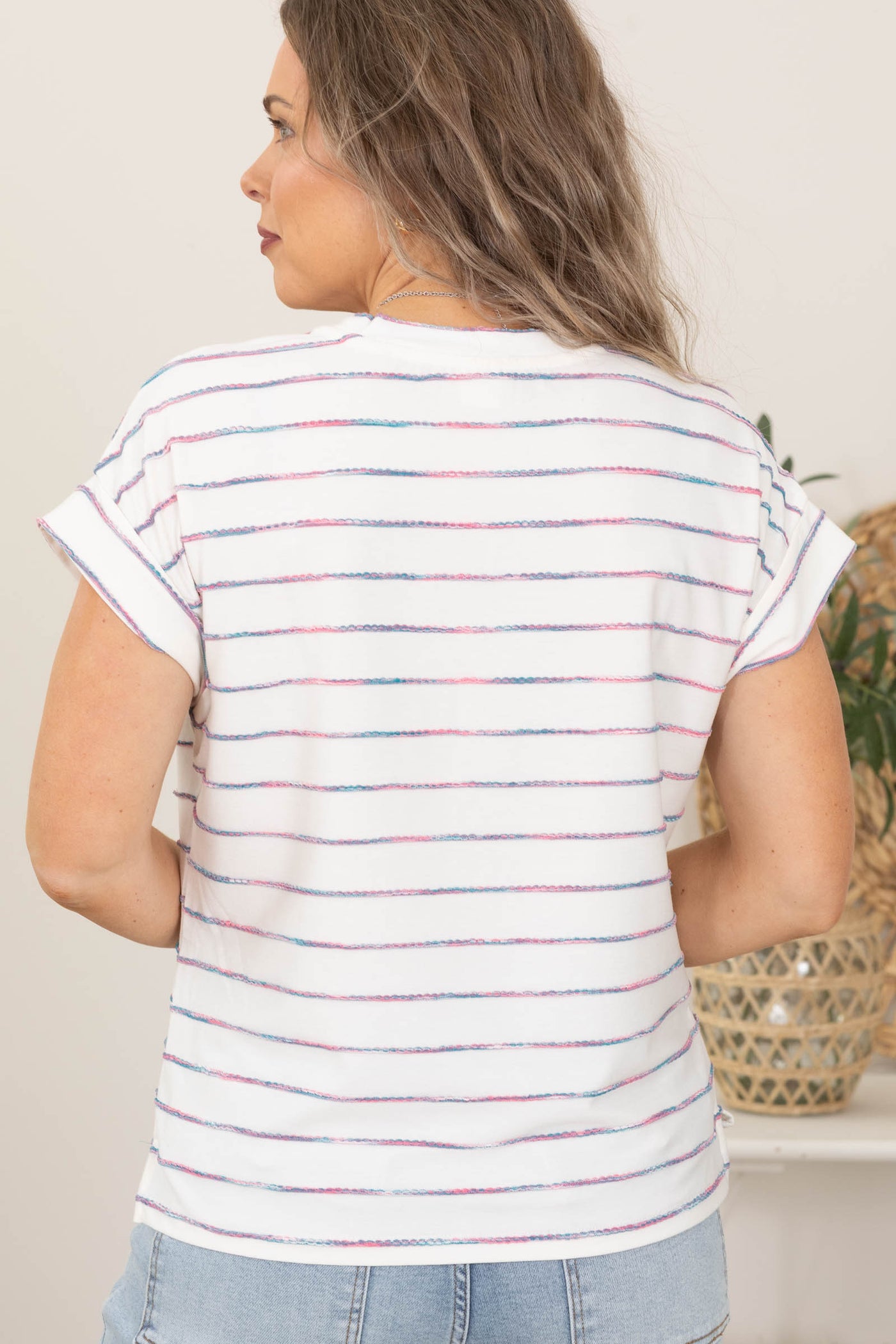 Ivory and Multicolor Teal Stripes Knit Top