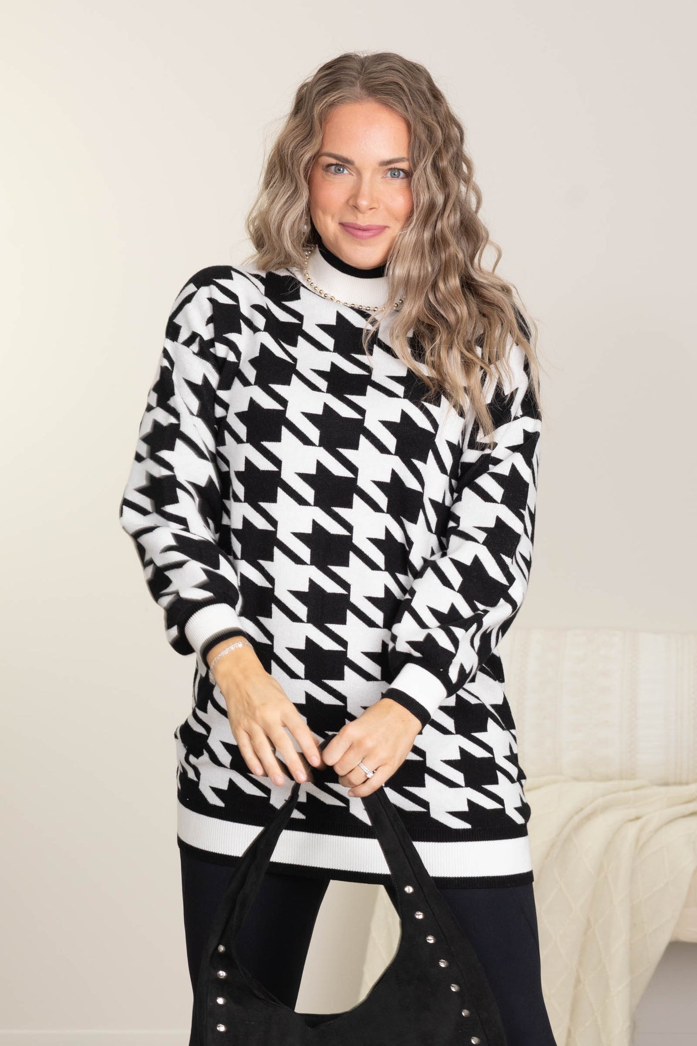 Black Mock Neck Houndstooth Sweater Dress