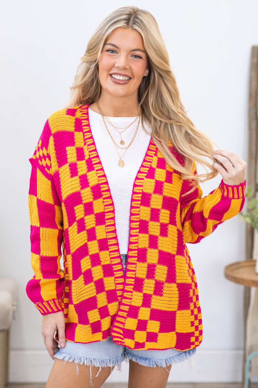 Pink and Orange Checkerboard Knitted Cardigan