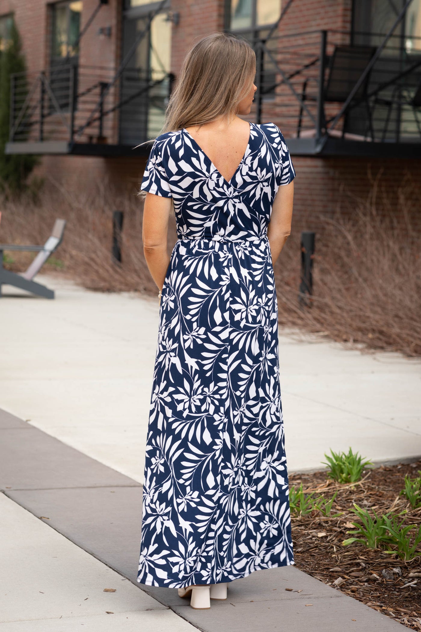 Navy Surplice Short Sleeve Floral Maxi Dress