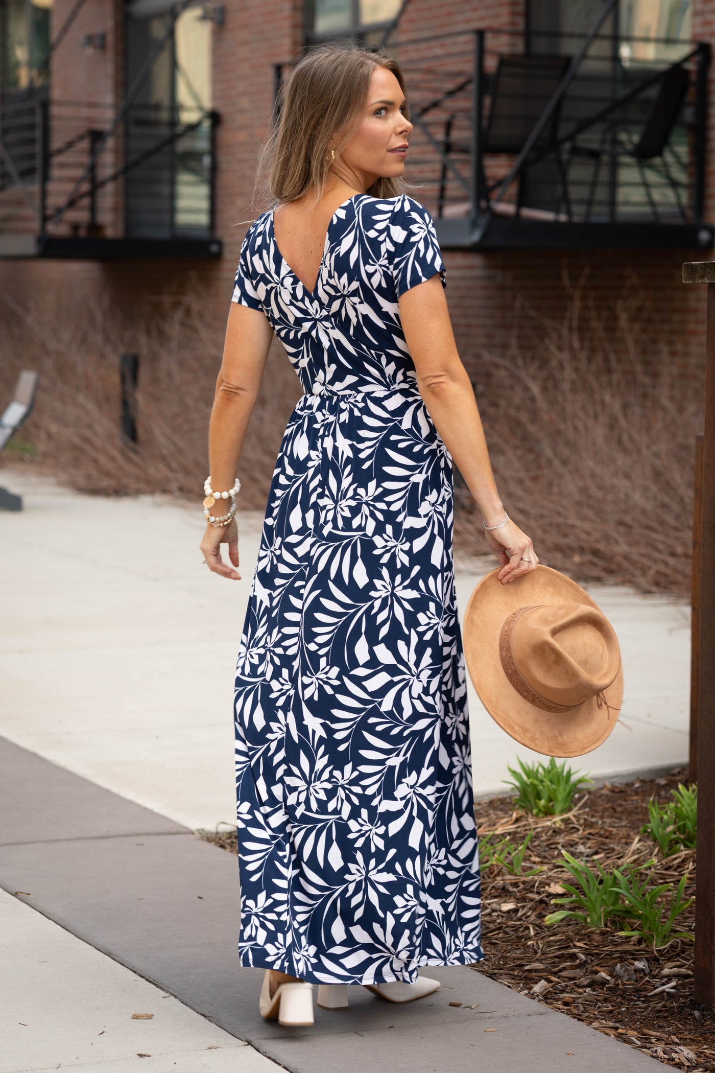 Navy Surplice Short Sleeve Floral Maxi Dress