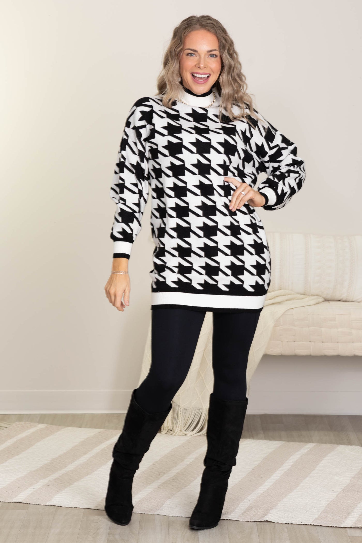 Black Mock Neck Houndstooth Sweater Dress