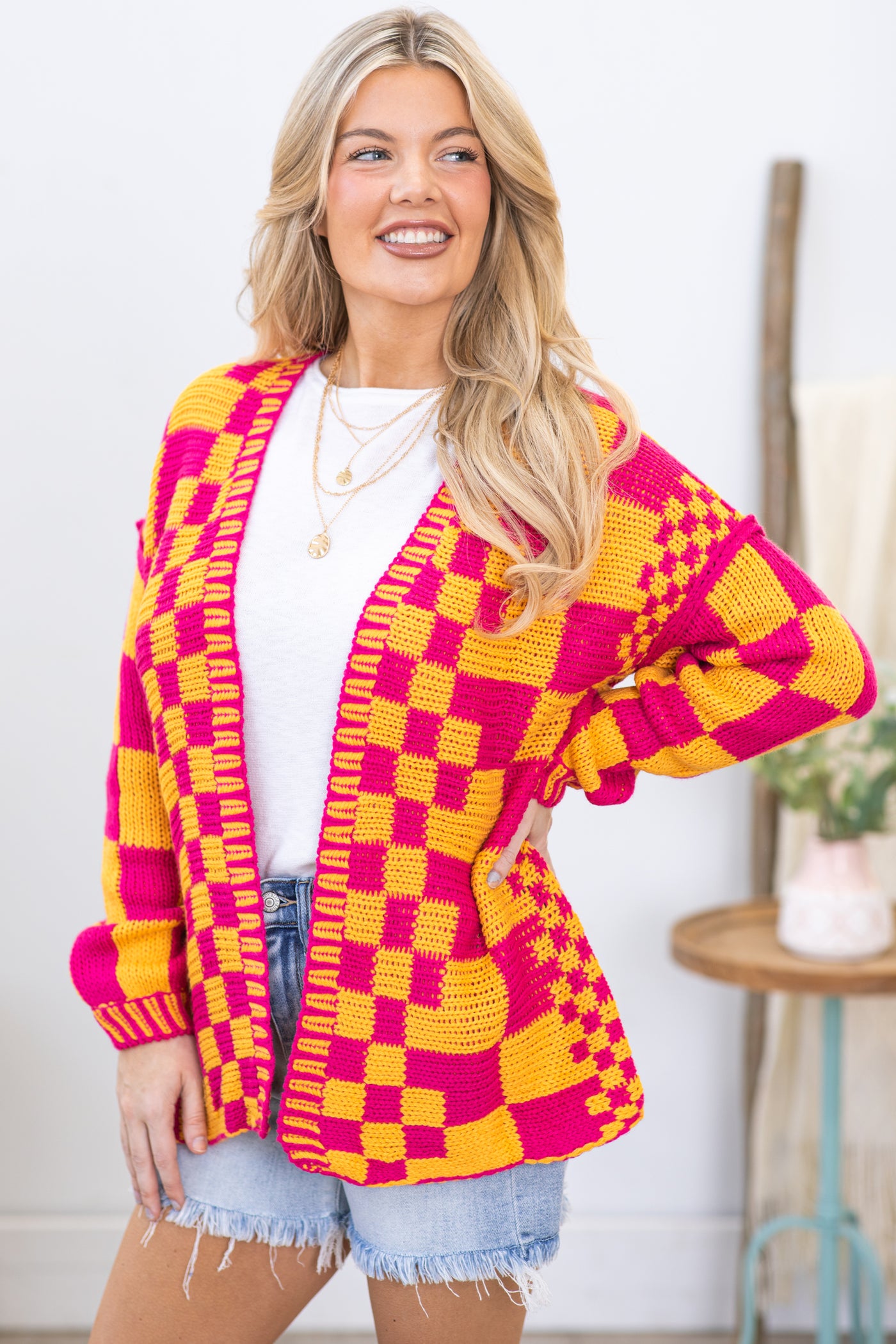 Pink and Orange Checkerboard Knitted Cardigan · Filly Flair