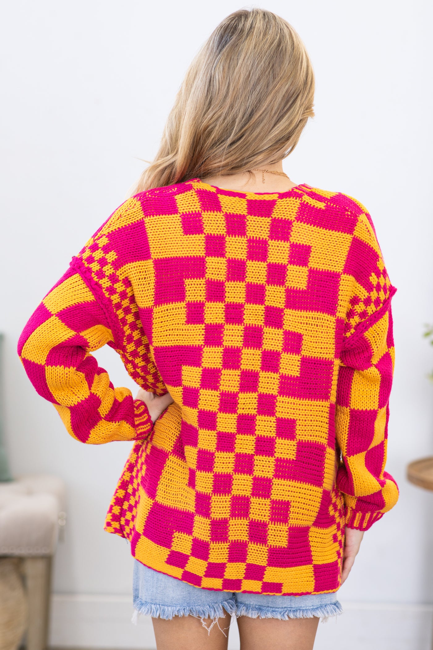 Pink and Orange Checkerboard Knitted Cardigan