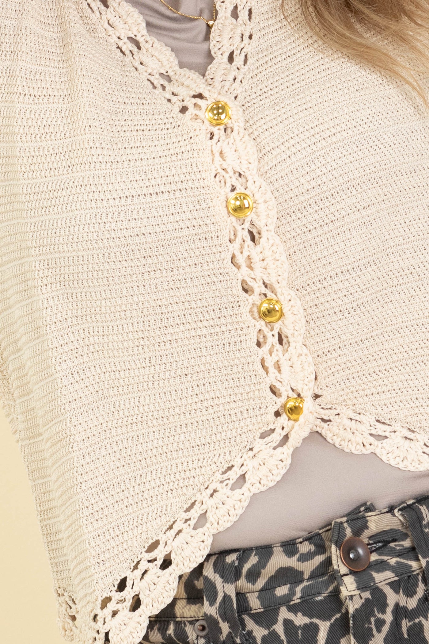 Oatmeal Crochet Trimmed Button Down Vest