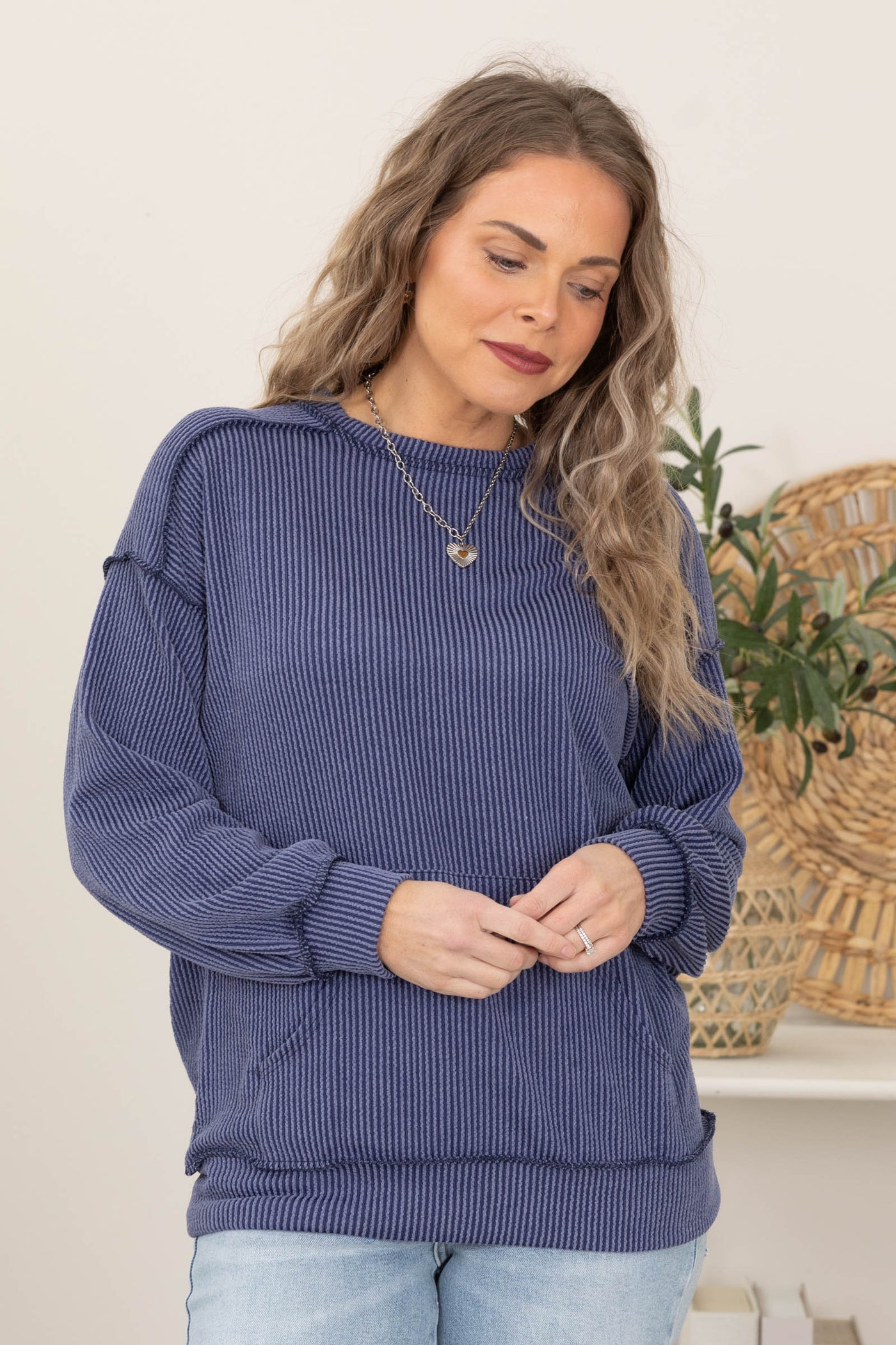 Ribbed Crew Neck Top With Kangaroo Pocket