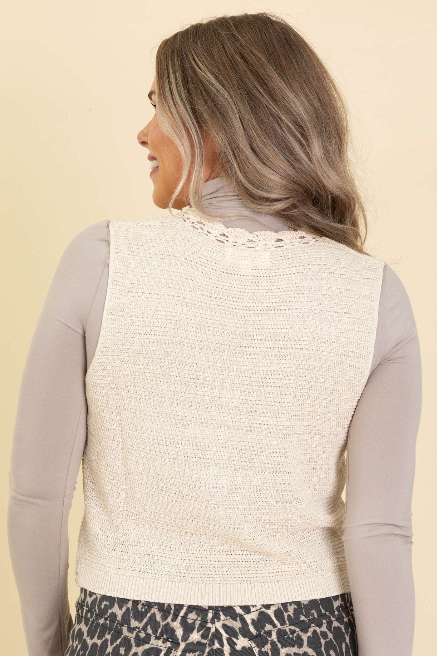 Oatmeal Crochet Trimmed Button Down Vest