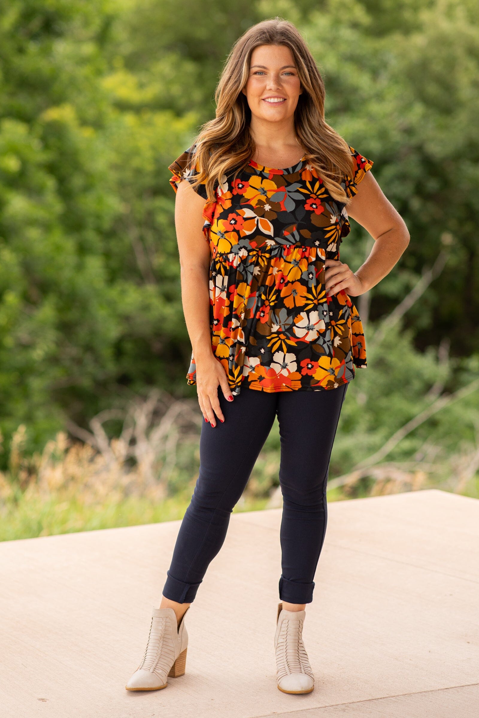 Red and Burnt Orange Floral Babydoll Top - Filly Flair