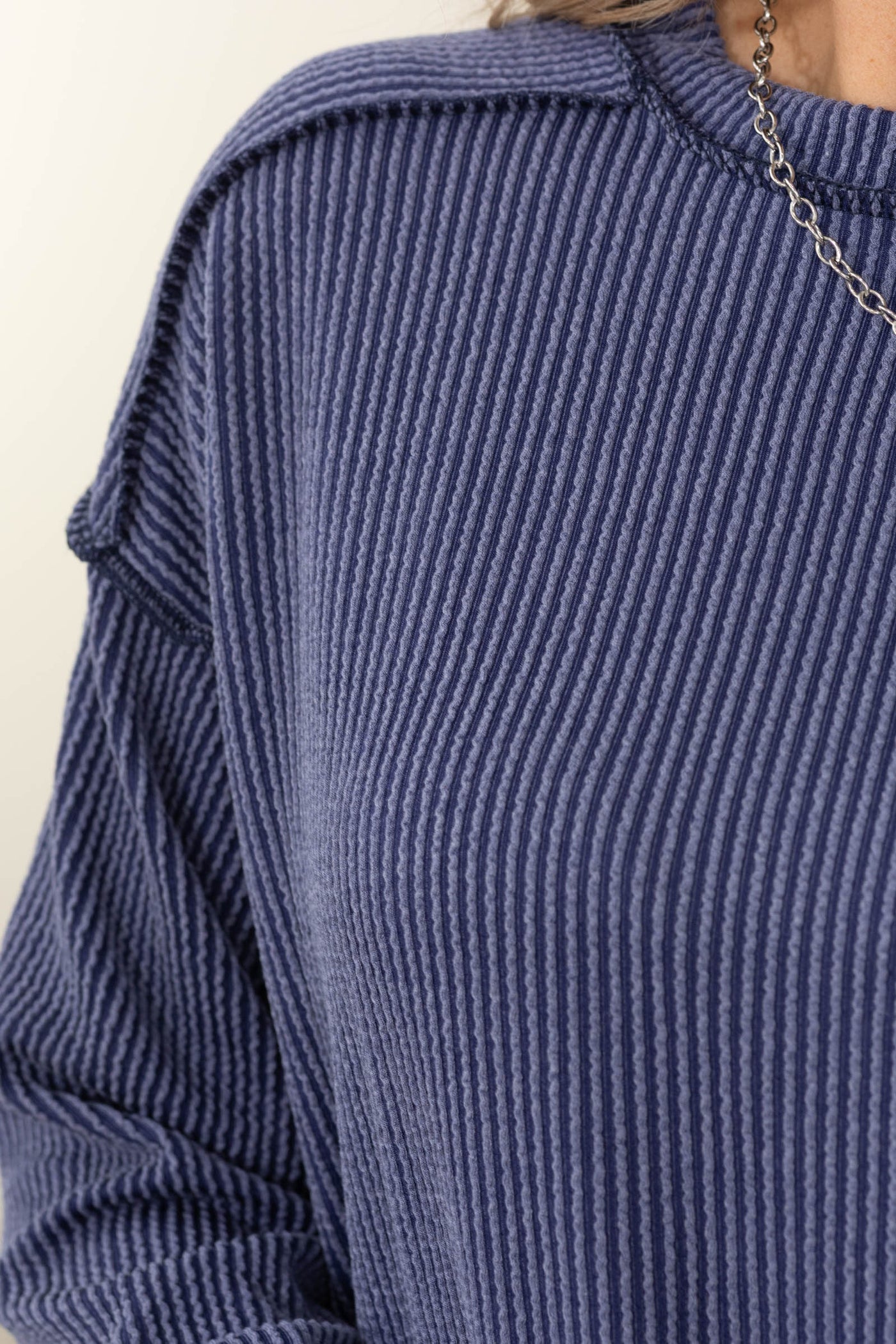 Ribbed Crew Neck Top With Kangaroo Pocket