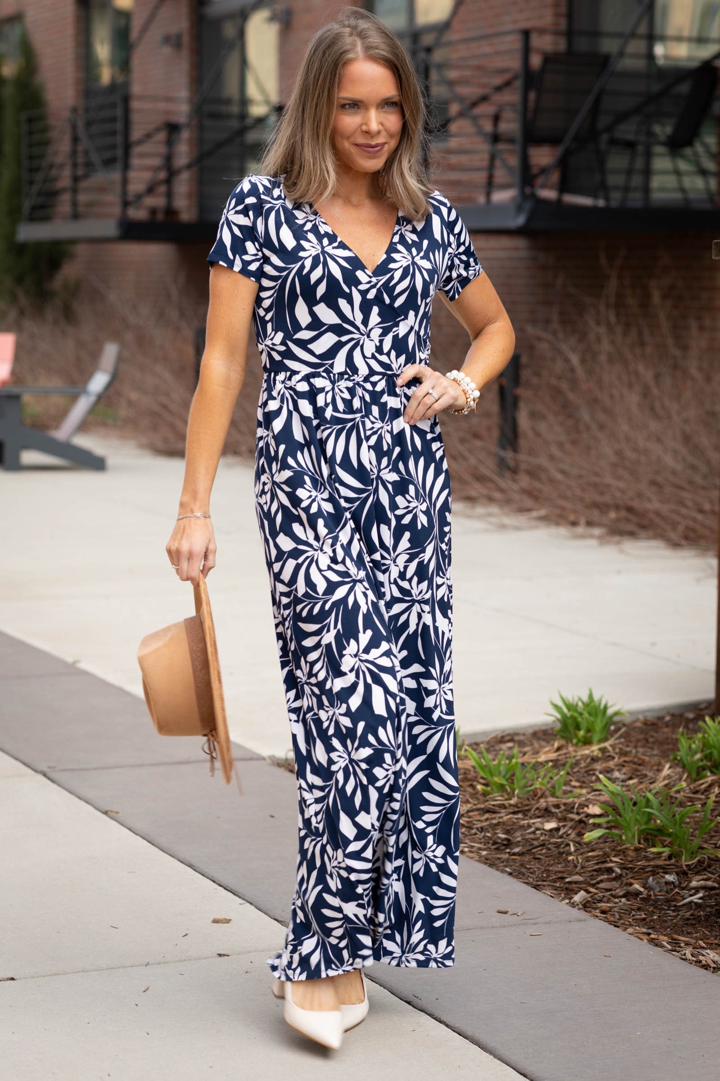 Navy Surplice Short Sleeve Floral Maxi Dress