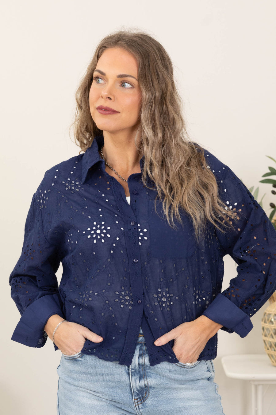 Embroidery Collared Woven Button Up Tops