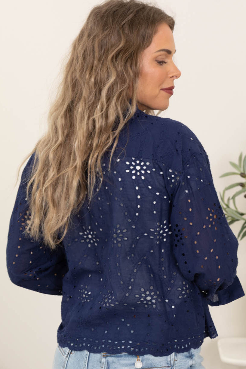 Embroidery Collared Woven Button Up Tops