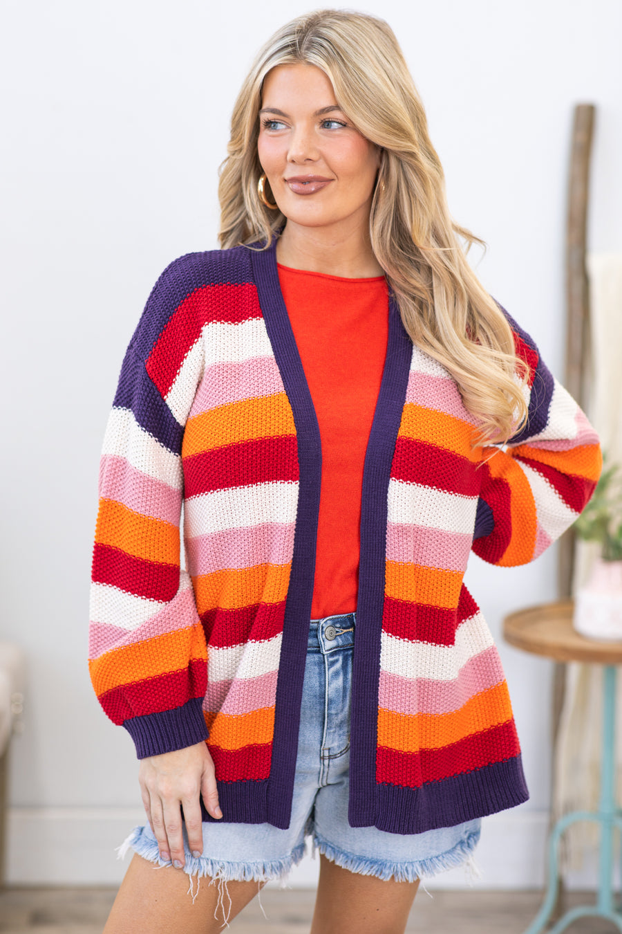 Purple and Red Multicolor Stripe Cardigan