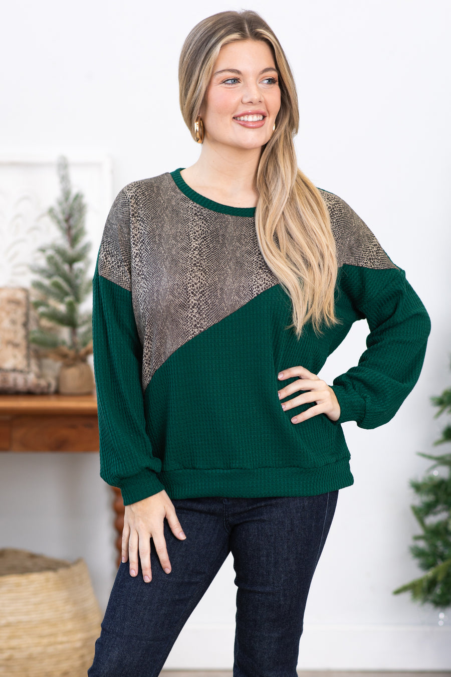 Hunter Green and Snake Print Colorblock Top