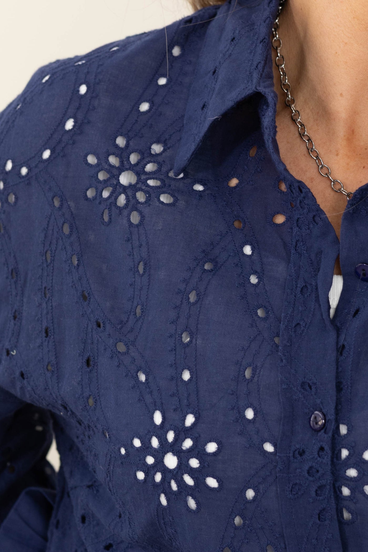 Embroidery Collared Woven Button Up Tops