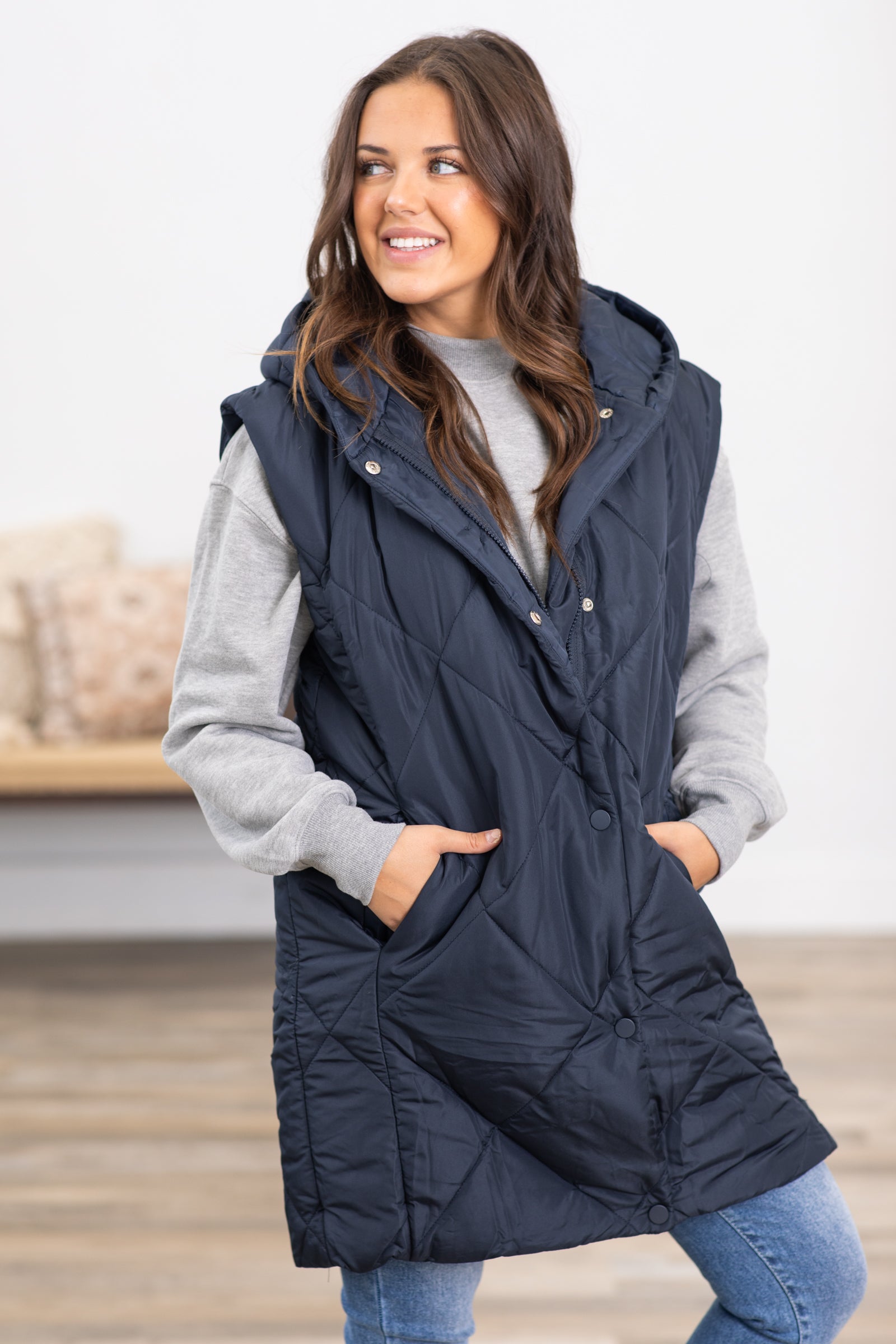 Navy Diamond Quilted Hooded Vest