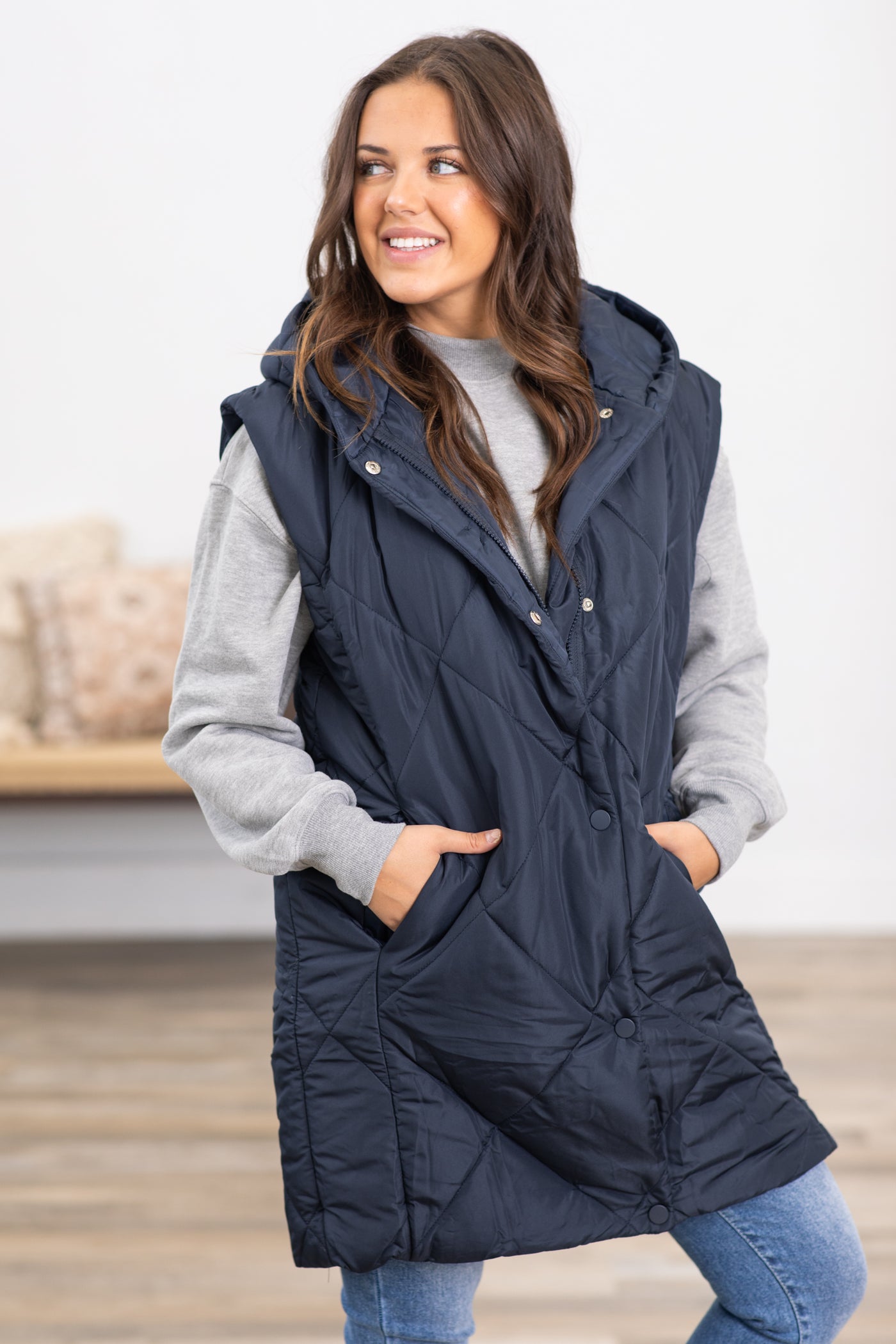 Navy Diamond Quilted Hooded Vest · Filly Flair