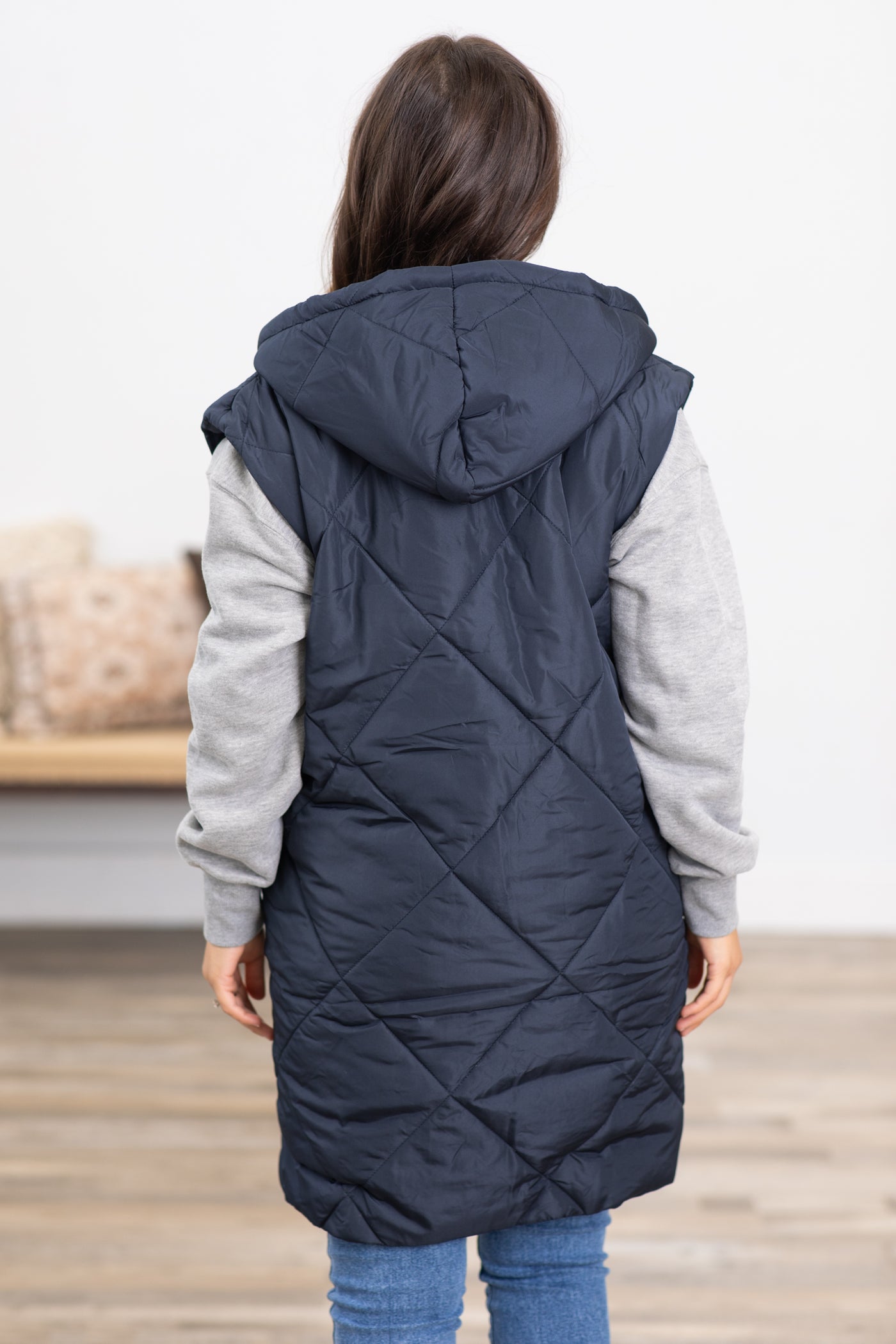 Navy Diamond Quilted Hooded Vest