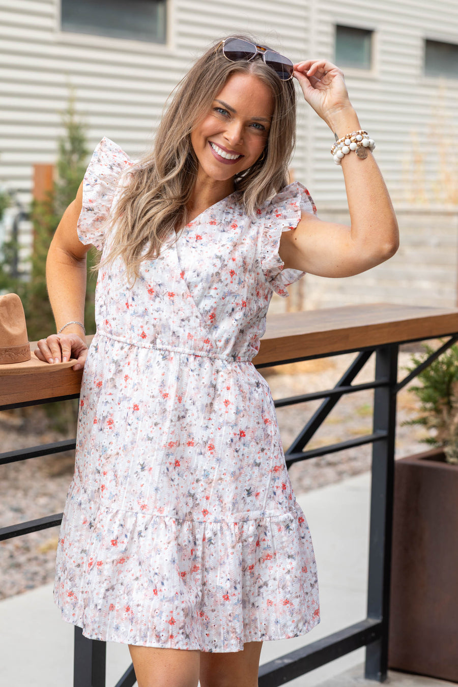 Peach Floral Eyelet Ruffle Dress