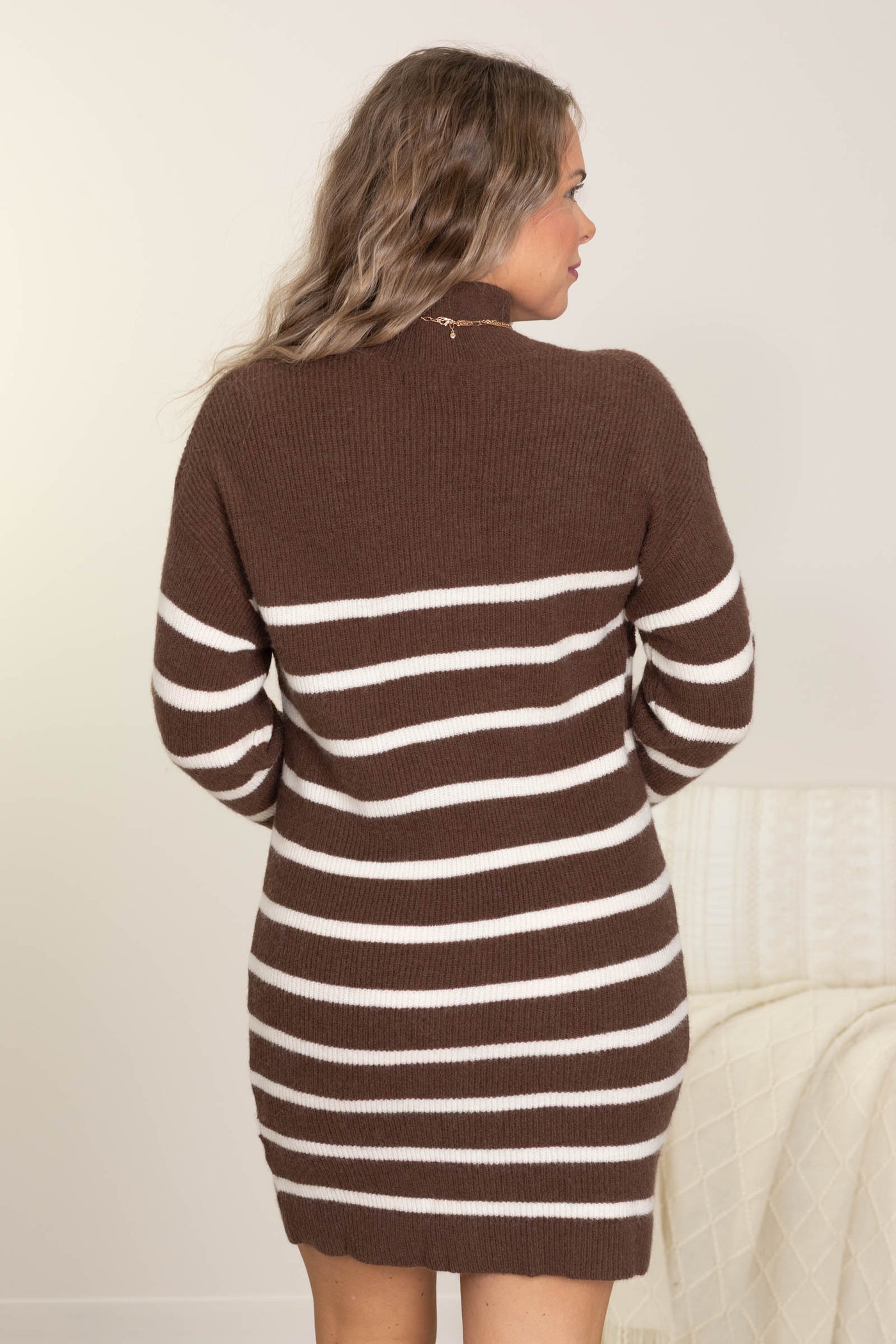 Brown Stripe Mock Neck Sweater Dress