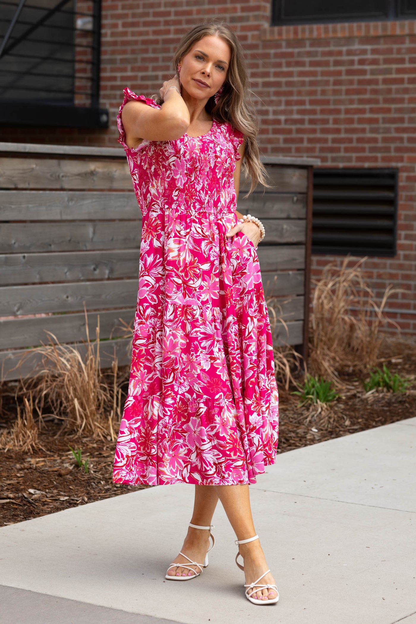 Pink Tropical Smocked Ruffle Midi Dress