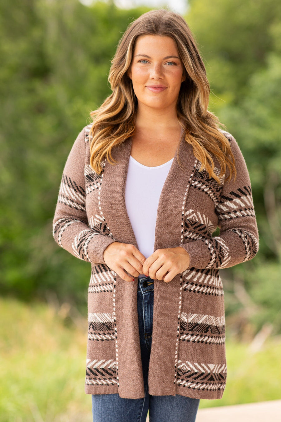 Mocha and Off White Aztec Stripe Cardigan - Filly Flair