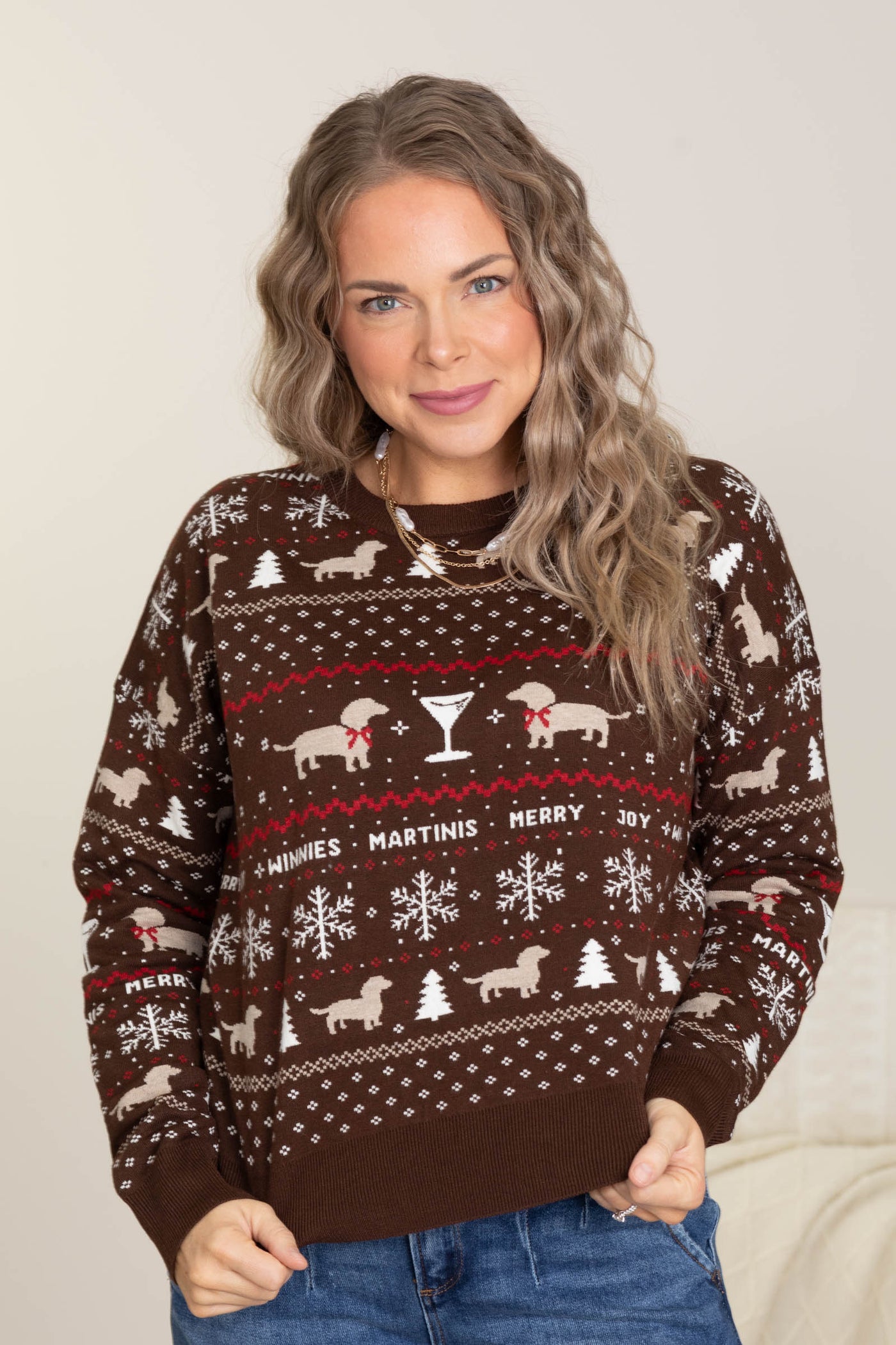 Brown Dog Pattern Graphic Christmas Sweater