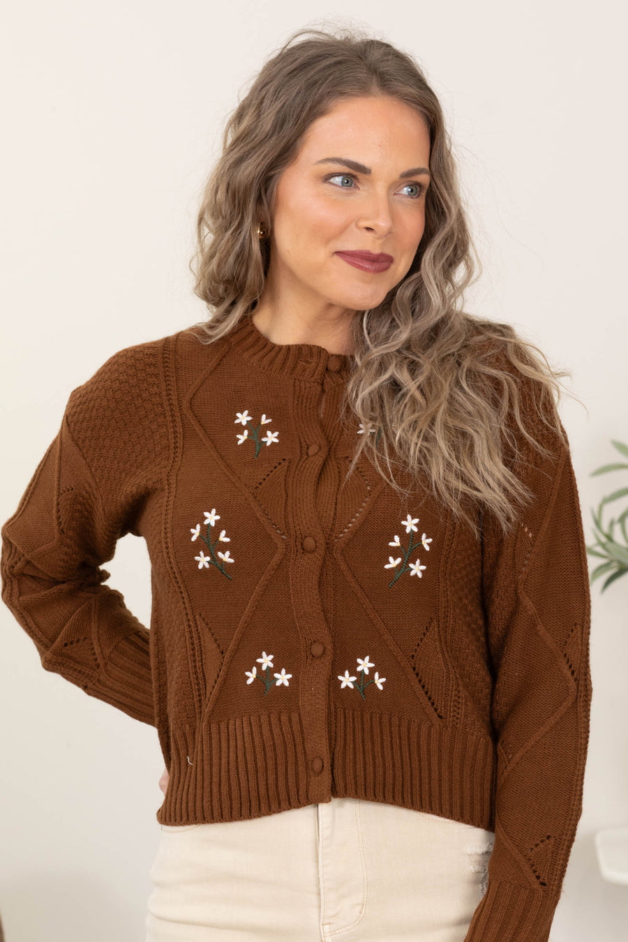 Brown Floral Embroidery Eyelet Knit Cardigan