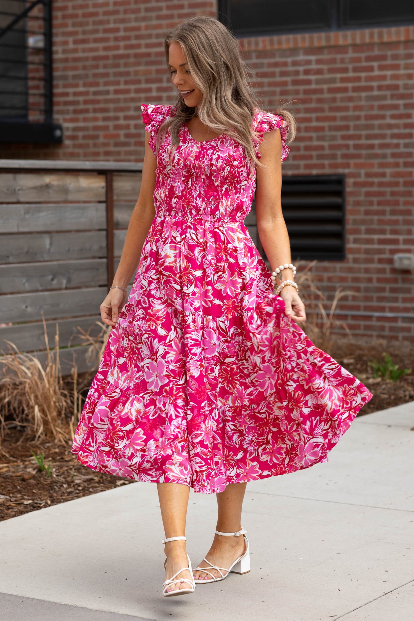 Pink Tropical Smocked Ruffle Midi Dress