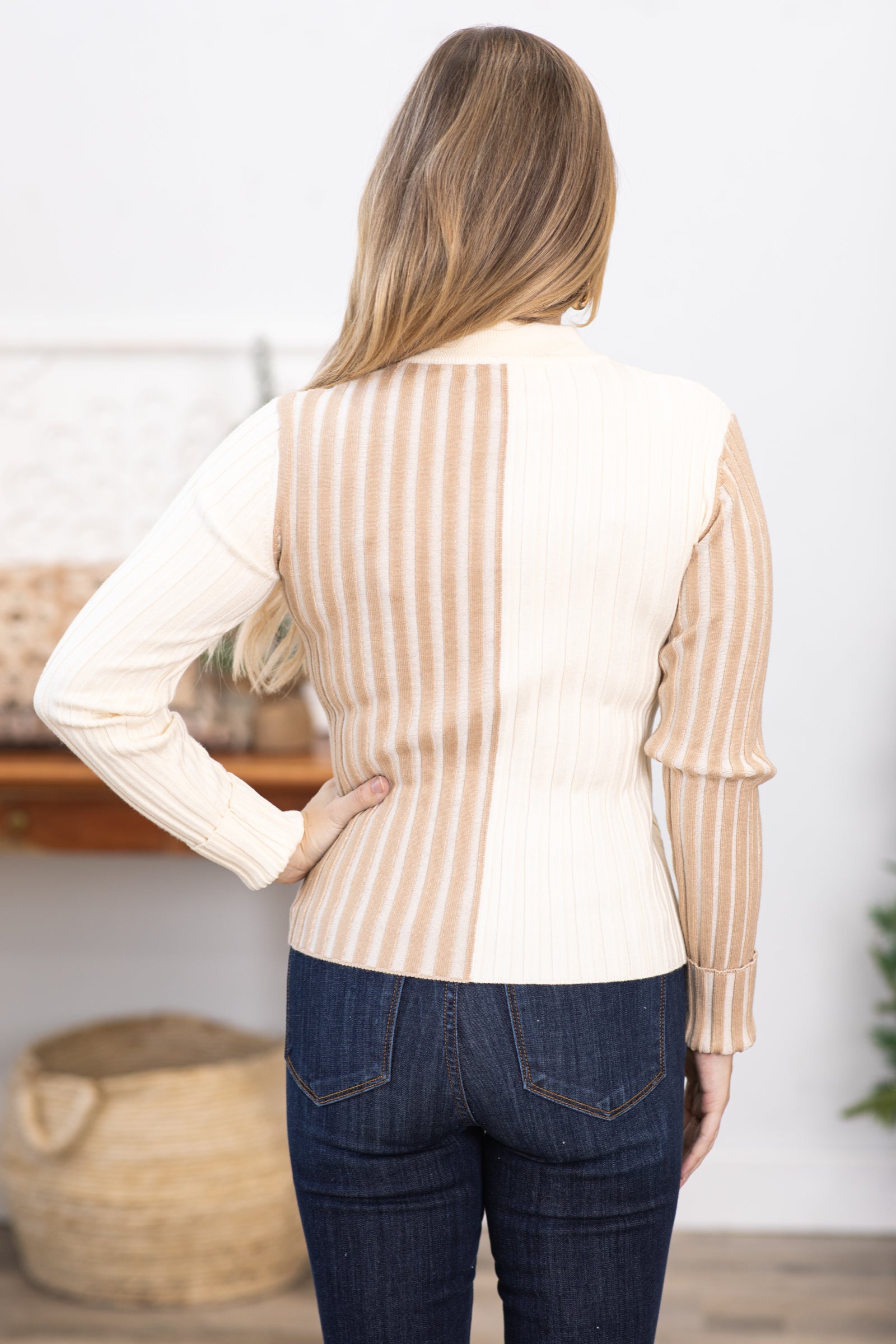 Cream and Taupe Ribbed Mock Neck Sweater