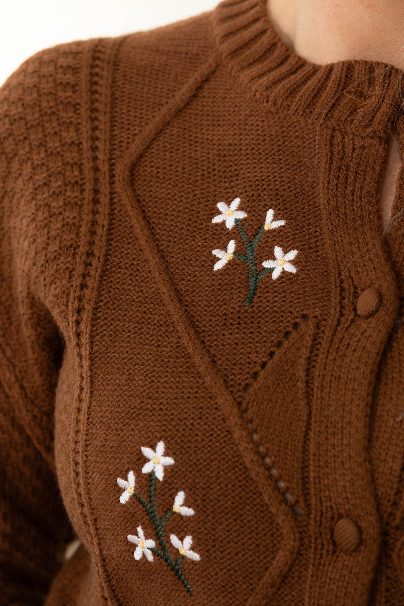 Brown Floral Embroidery Eyelet Knit Cardigan