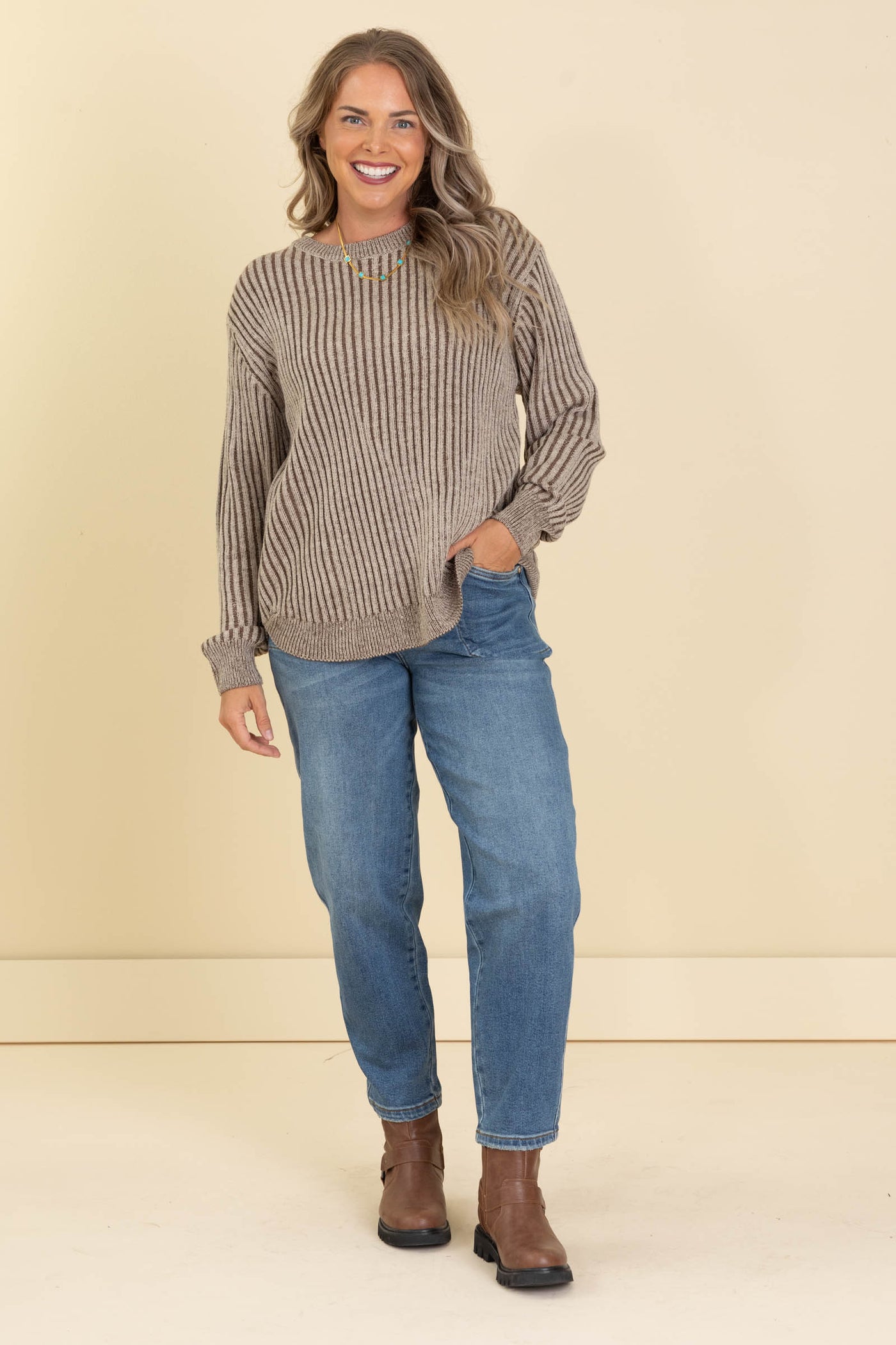 Curved Hem Two Tone Stripe Sweaters