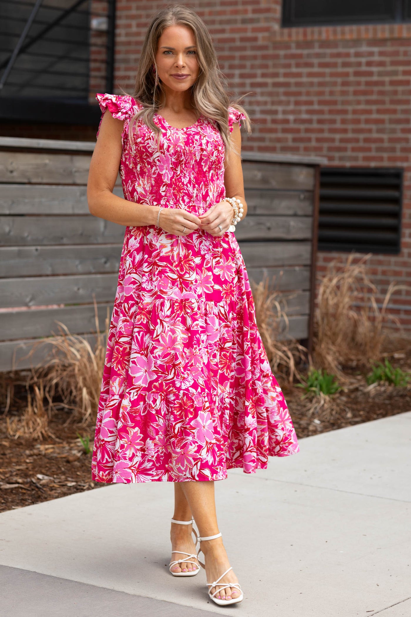 Pink Tropical Smocked Ruffle Midi Dress