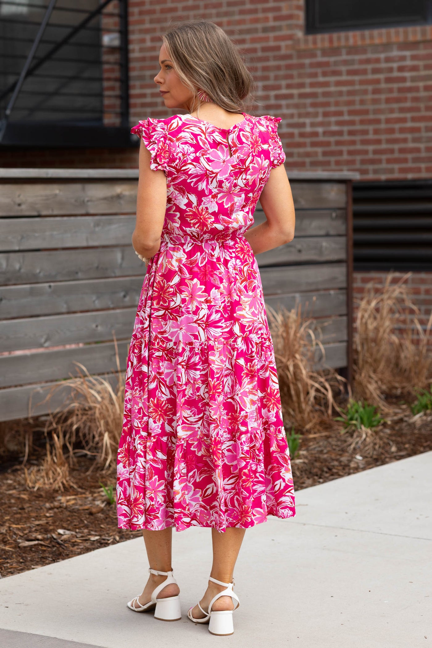 Pink Tropical Smocked Ruffle Midi Dress