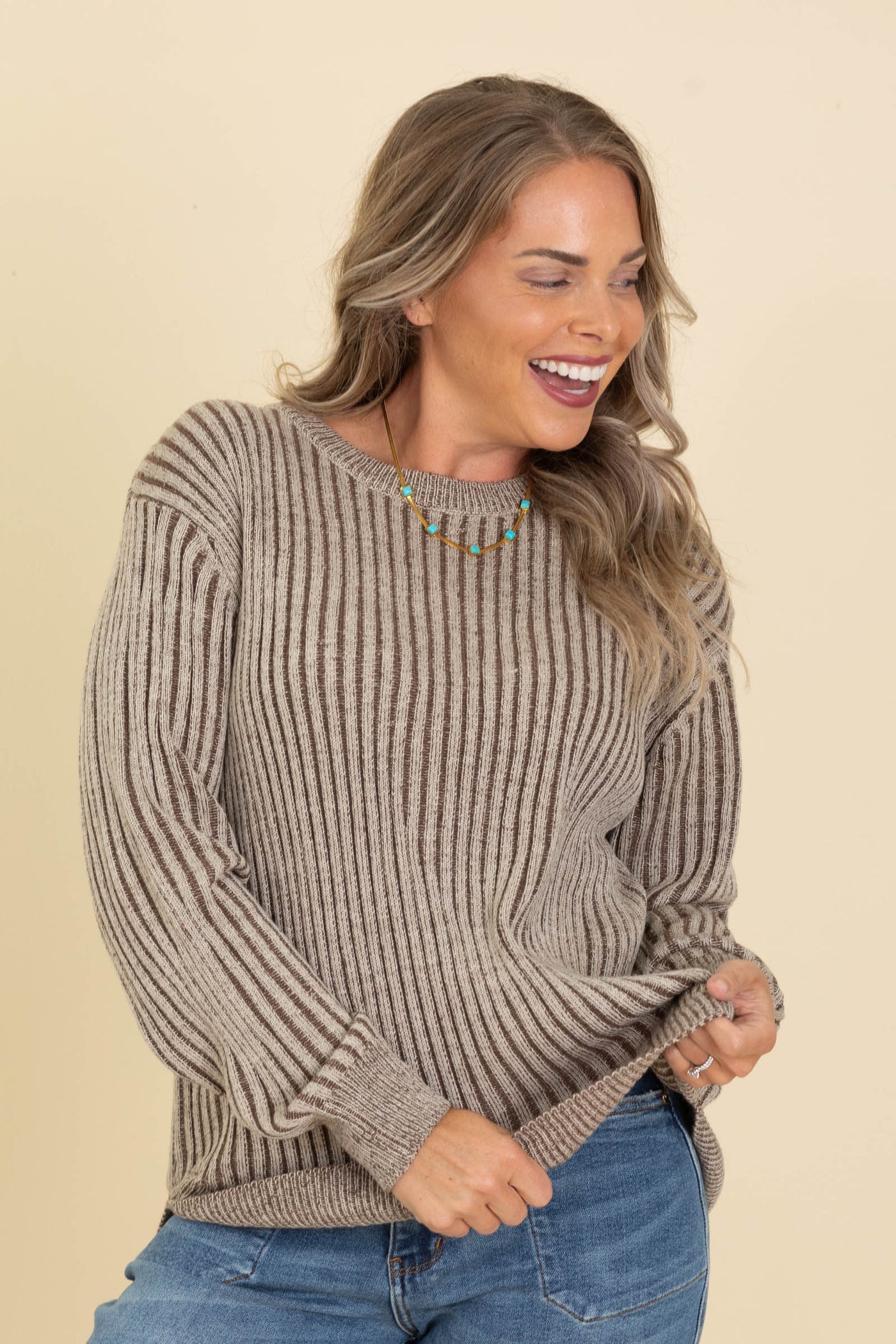 Curved Hem Two Tone Stripe Sweaters