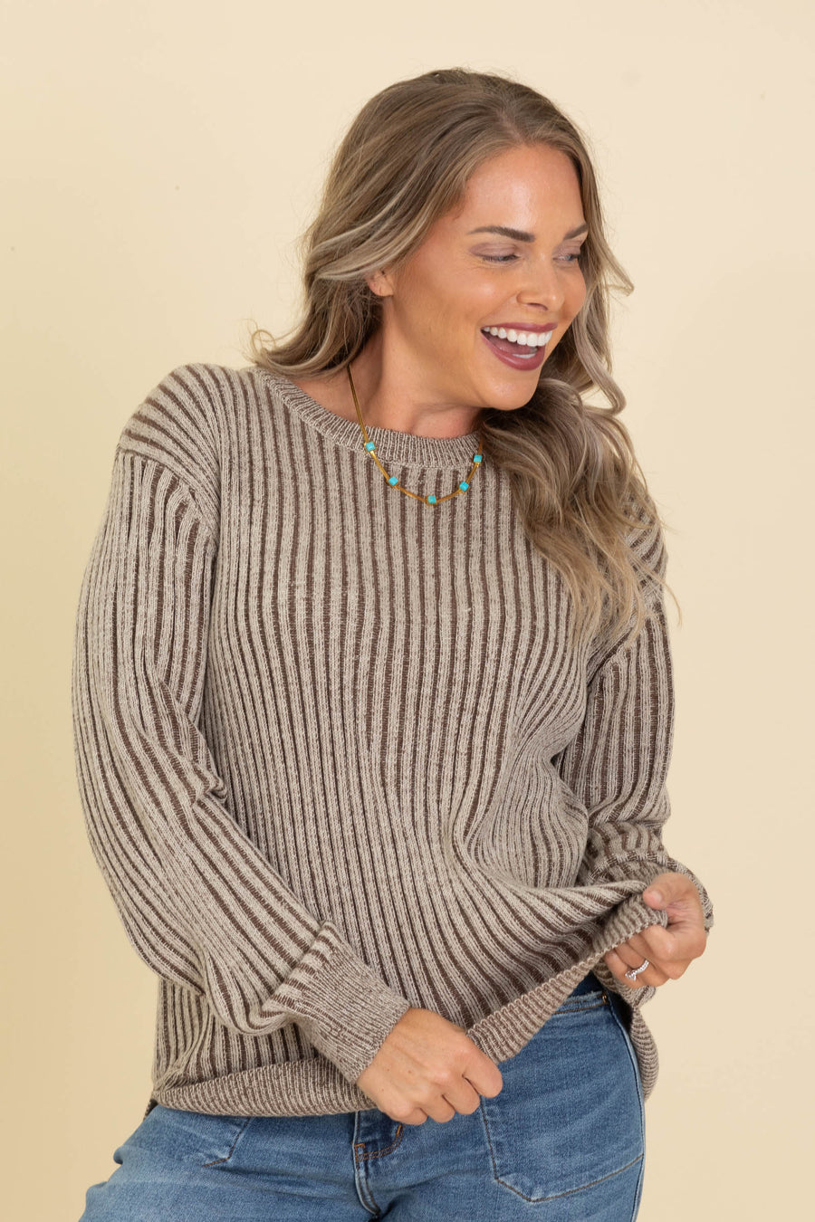 Curved Hem Two Tone Stripe Sweaters
