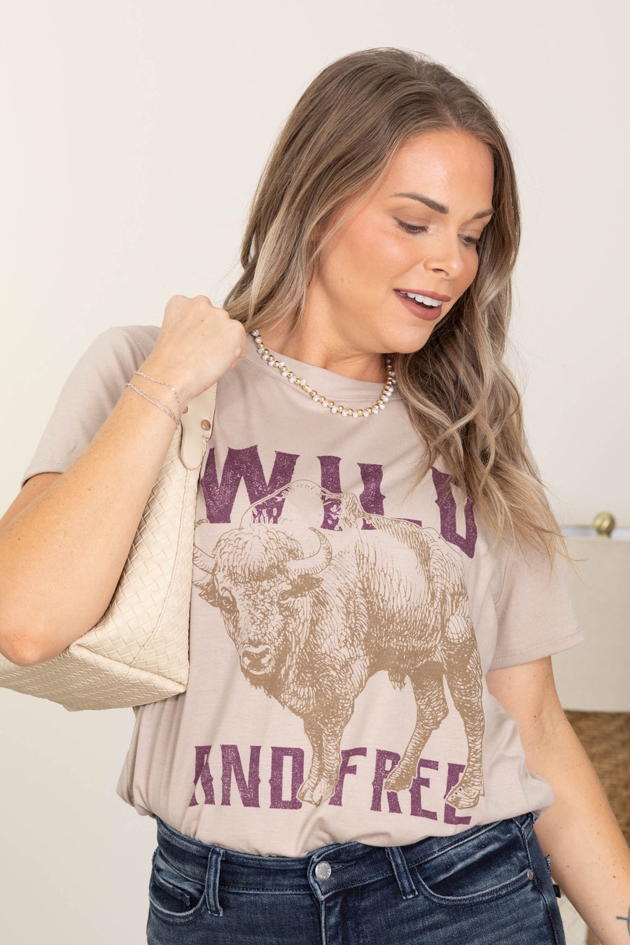 Light Mocha Wild And Free Buffalo Graphic Knit Tee