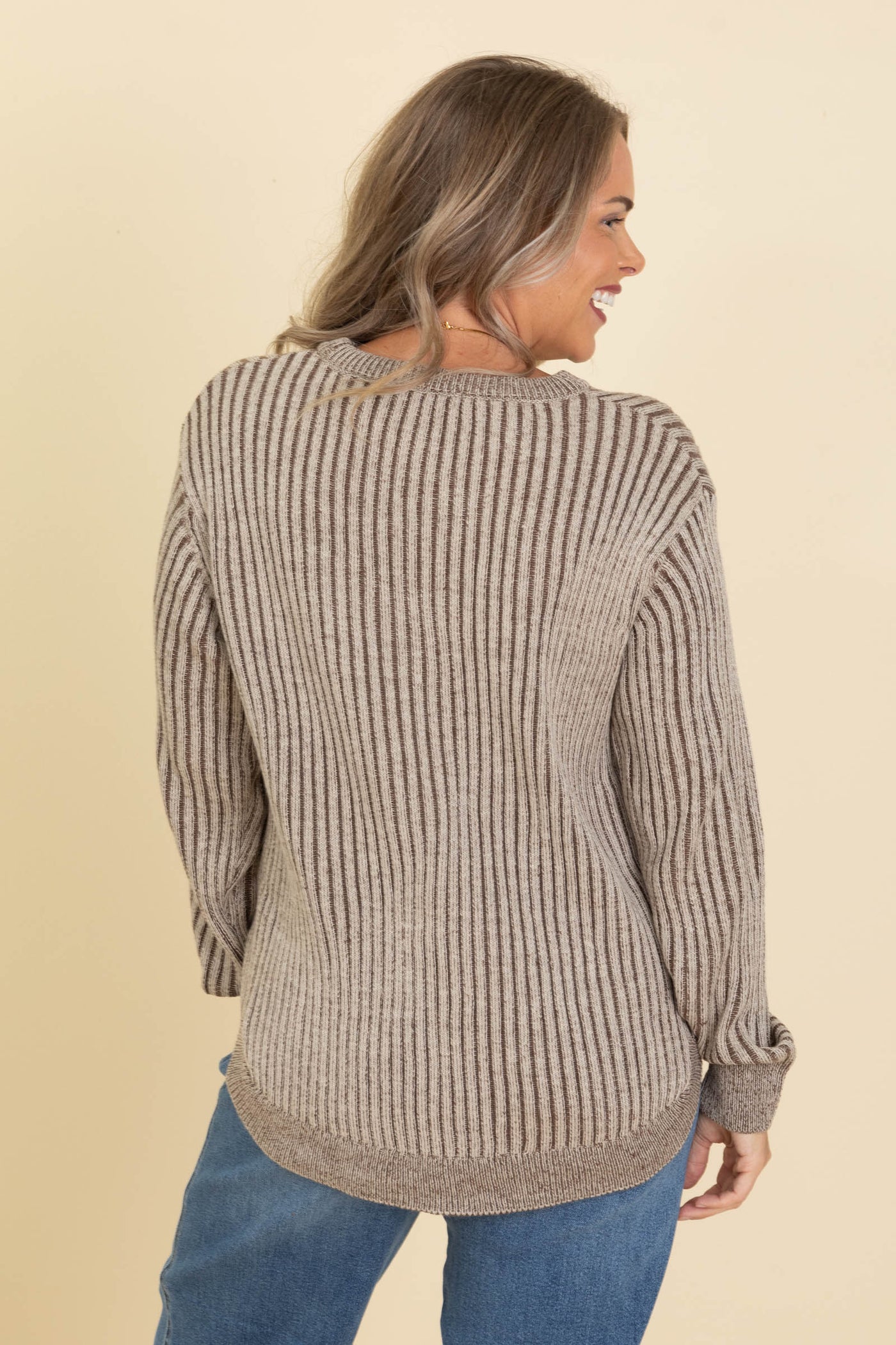Curved Hem Two Tone Stripe Sweaters