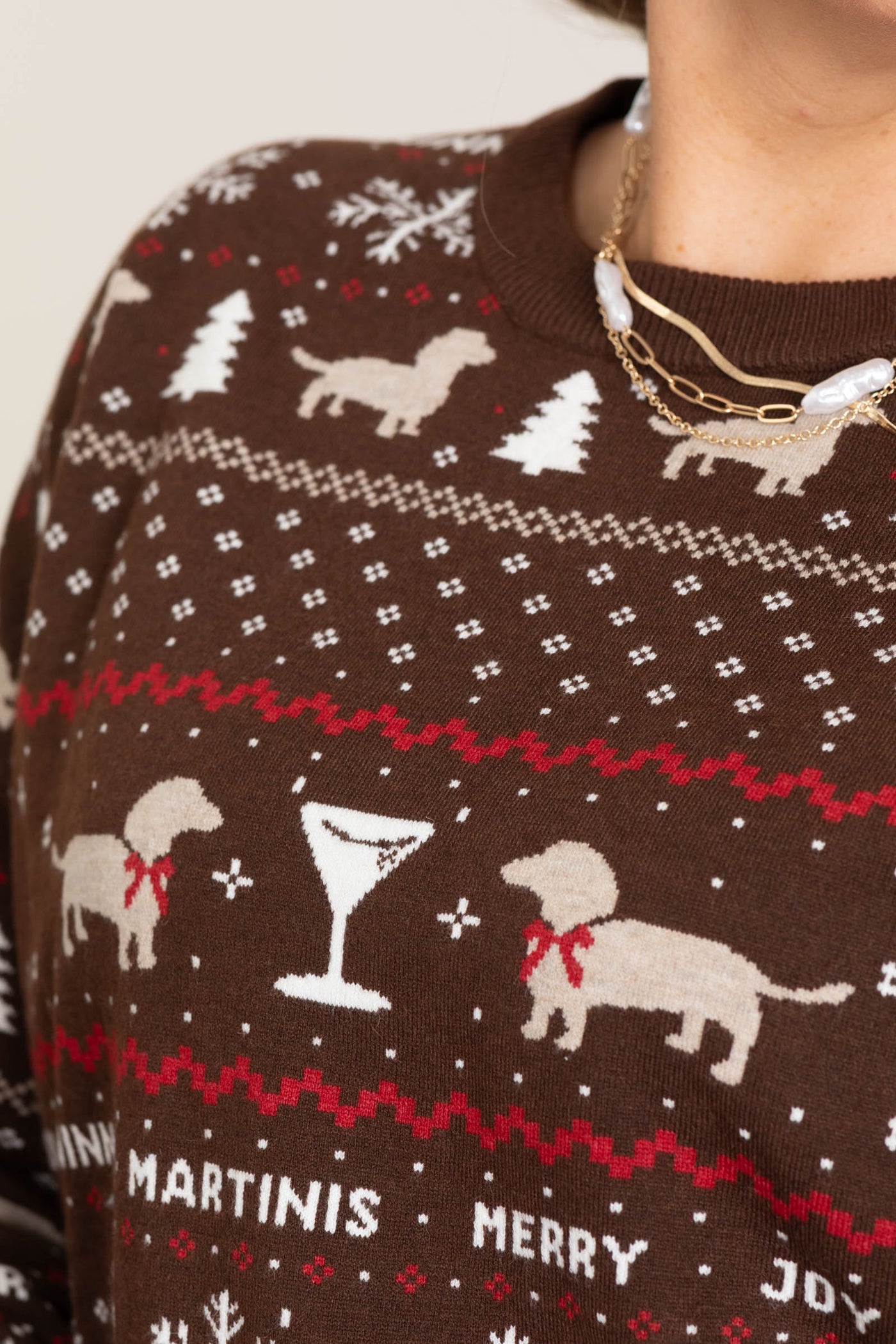 Brown Dog Pattern Graphic Christmas Sweater