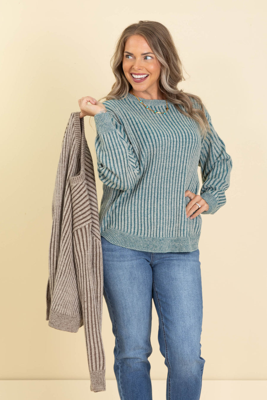 Curved Hem Two Tone Stripe Sweaters