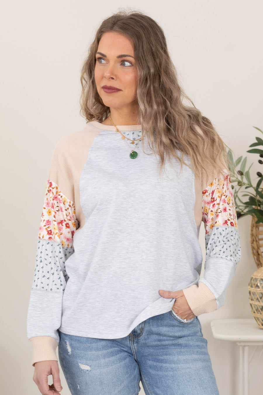 Grey Spring Mixed Patchwork Knit Top