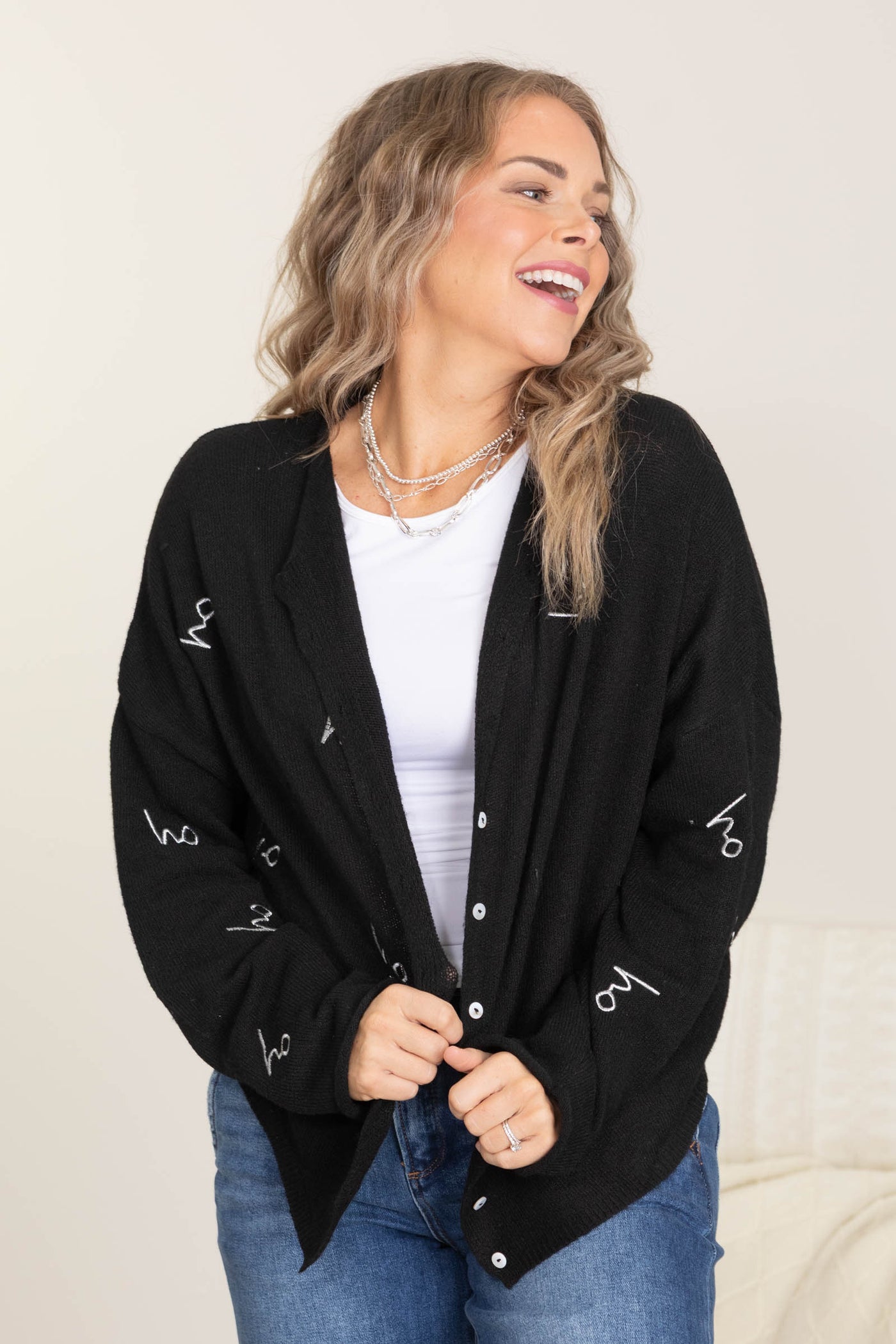 Black Ho Ho Holiday Button Up Cardigan