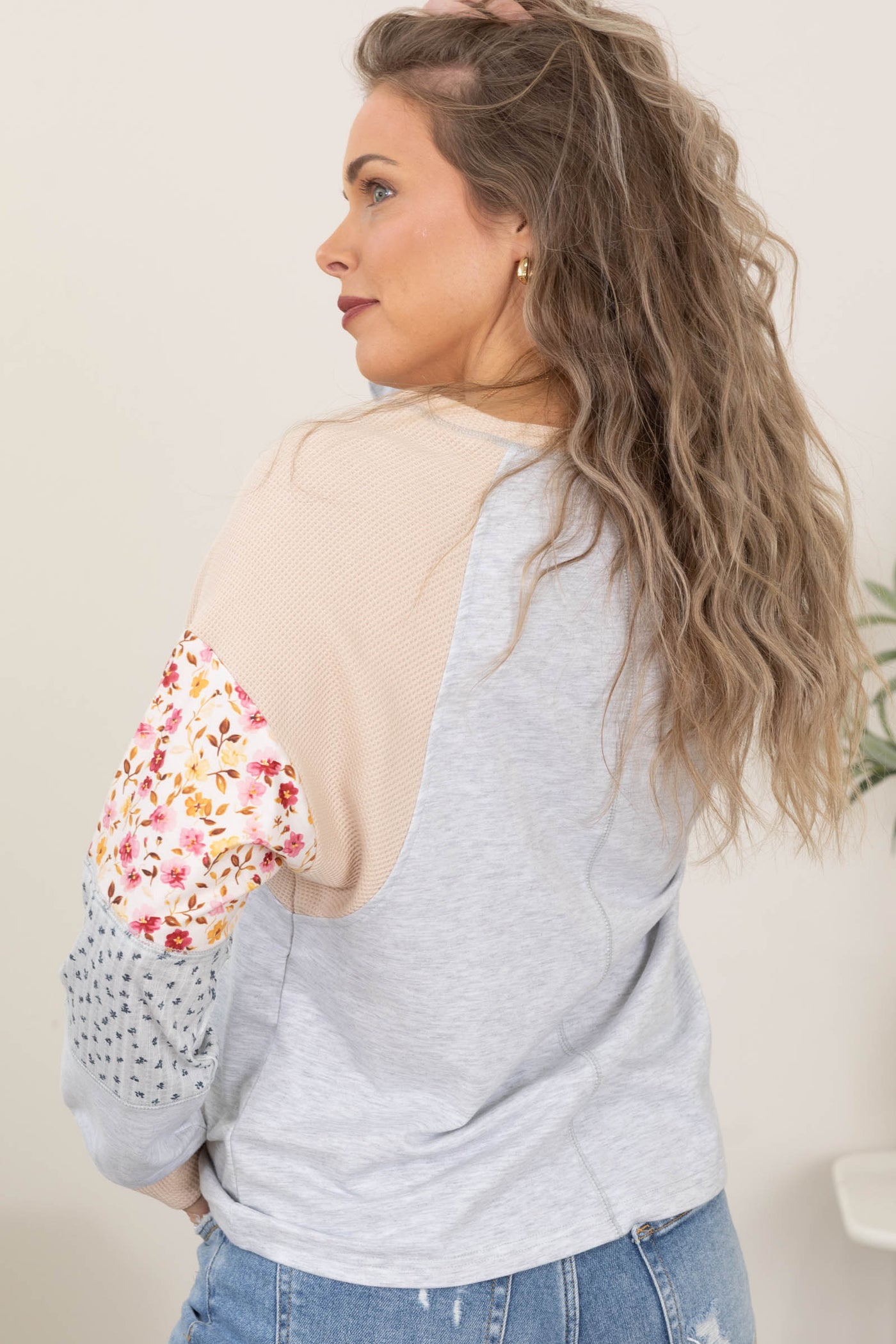 Grey Spring Mixed Patchwork Knit Top